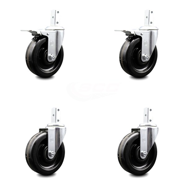 5 Inch Phenolic Wheel Swivel 7/8 Inch Square Stem Caster Total Lock Brakes, 2PK
